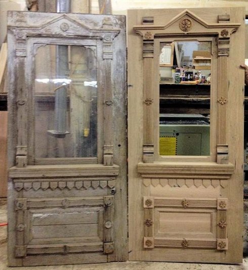 The door shown on the left is an antique door. The door shown on the right is a custom built replication. Roger constructed this door in our wood shop from salvaged antique wood.