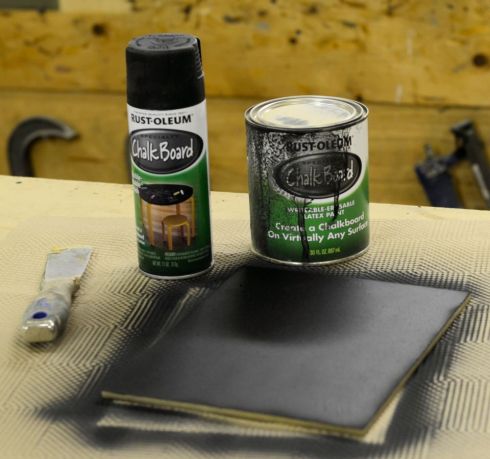 Spray chalk paint was used to coat the smooth side of an 8" x 10" piece of fiber board.