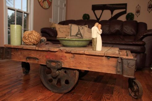 This picture was sent to us by Sara Lassiter. Sara purchased the salvaged industrial cart from Southern Accents and turned it into a beautiful conversation piece. This is another one of our favorite finished project pictures!